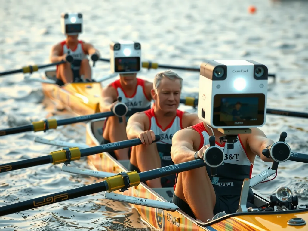 Rowing team in action with AI sensors mounted on boats, water and crew captured in detail, dynamic composition highlighting technology integration