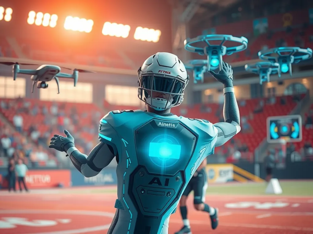 Visualization of future AI technology in sports, futuristic elements like drones and digital interfaces, imaginative depiction of AI-driven enhancements in athletic environments