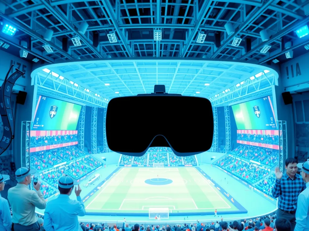 AI-driven virtual experience of a sports stadium, showing detailed virtual reality settings with fans interacting remotely, diverse backgrounds, highly immersive and interactive environment