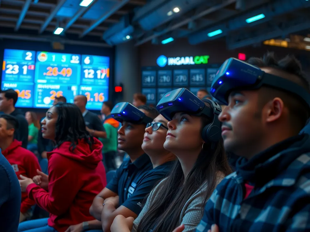 Basketball fans engaging with AI-driven real-time stats and visuals, enjoying immersive experiences via augmented reality glasses, diverse group of people, vibrant and interactive setting