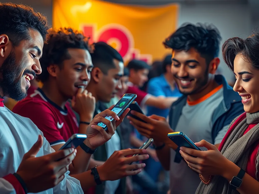 Football fans using AI-powered apps for personalized analytics, showing diverse people engaged with their smartphones, detailed interface display, vibrant, dynamic expressions