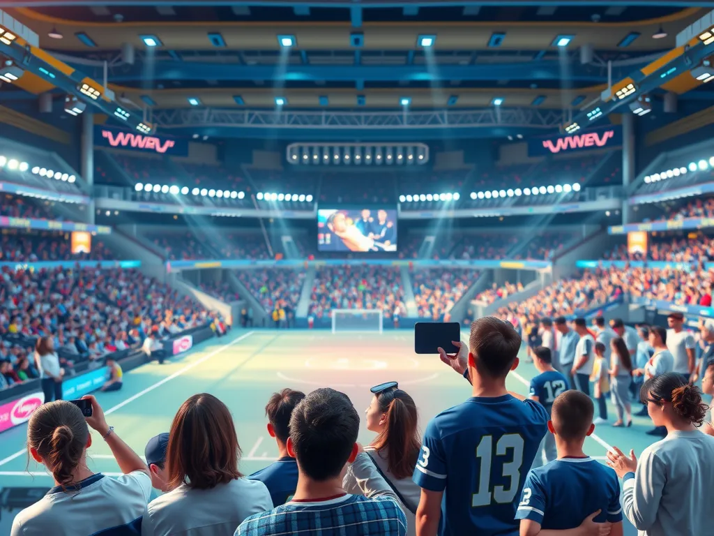 A futuristic sports stadium filled with diverse fans engaging through AI-driven wearable devices and virtual interactions, showcasing a blend of real and digital experiences, vibrant atmosphere, photorealistic, high-quality digital rendering
