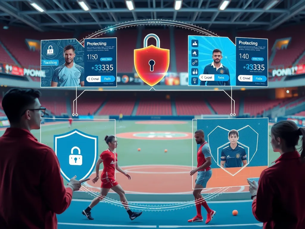AI security and data privacy concepts displayed through digital interfaces, showcasing protection tools with diverse users in a sports setting, futuristic, secure atmosphere