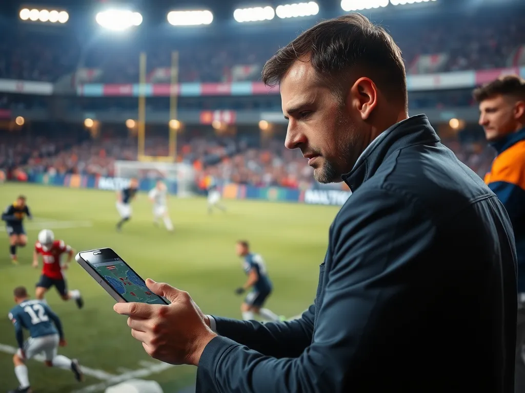 Close-up of a football coach using an AI-powered tablet on the sidelines, tactical map, diverse player models, bright lighting, professional sports setting