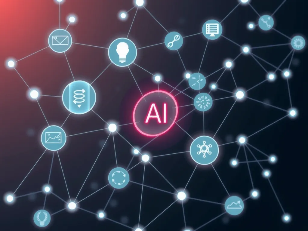 A complex network visual illustrating connections between AI data streams such as wearable sensors, optical tracking, and text analytics, modern technology feel