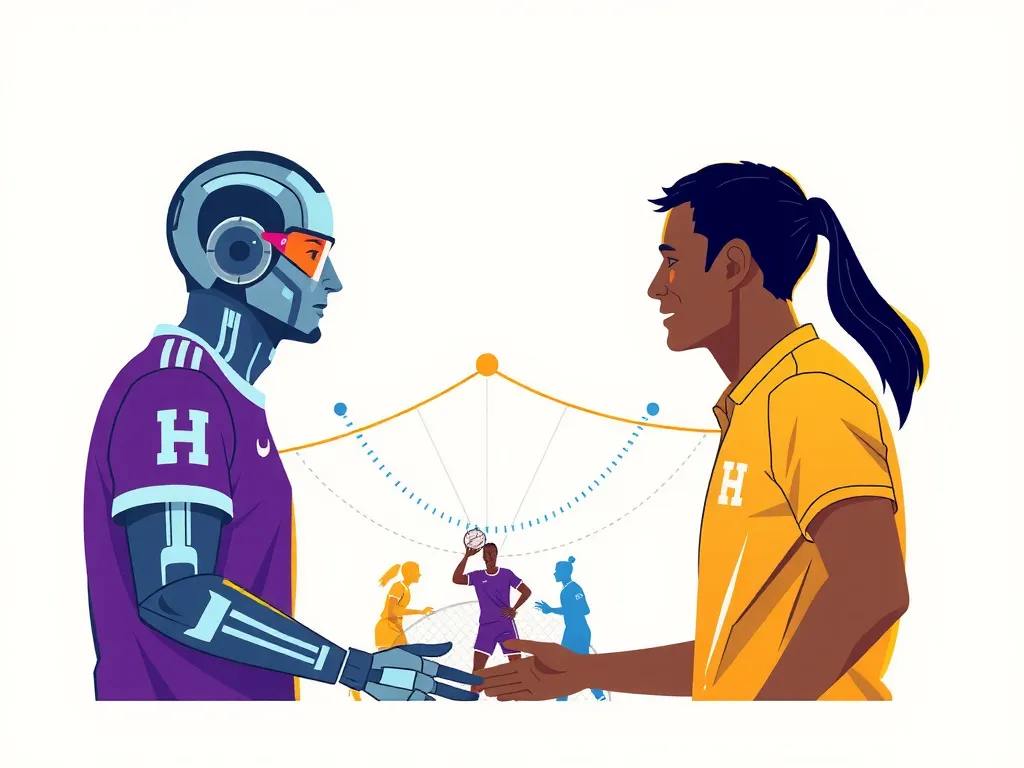 A conceptual image of AI assisting sports strategy decisions with balanced human involvement, featuring diverse athletes and coaches, insightful and inclusive approach