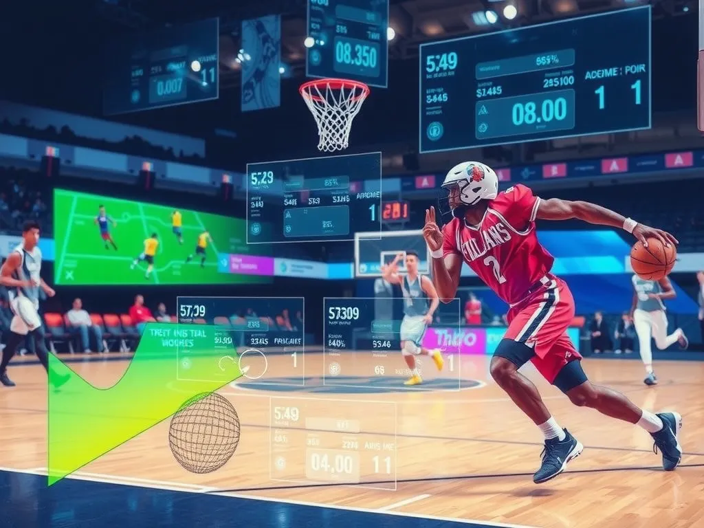 A dynamic scene depicting artificial intelligence analyzing a football and basketball game, high-tech overlays showing data points and player movements, futuristic sports strategy, vibrant colors, photorealistic, high quality