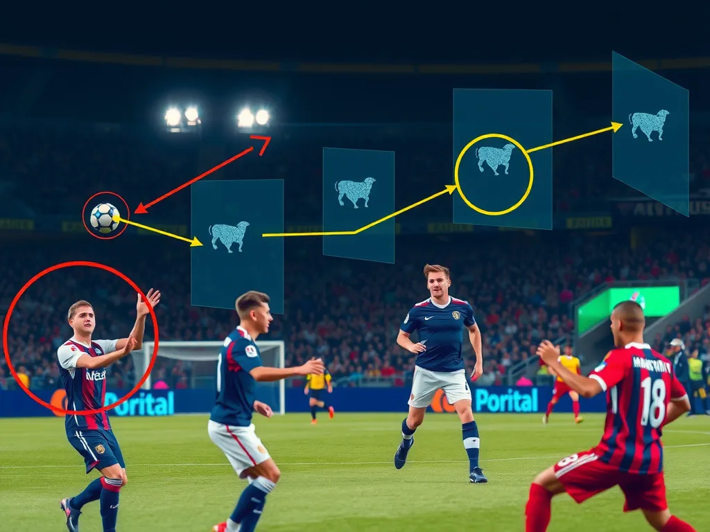 Energetic football match highlighting AI analysis of player movements and strategy adjustments, digital overlays, realistic sports environment
