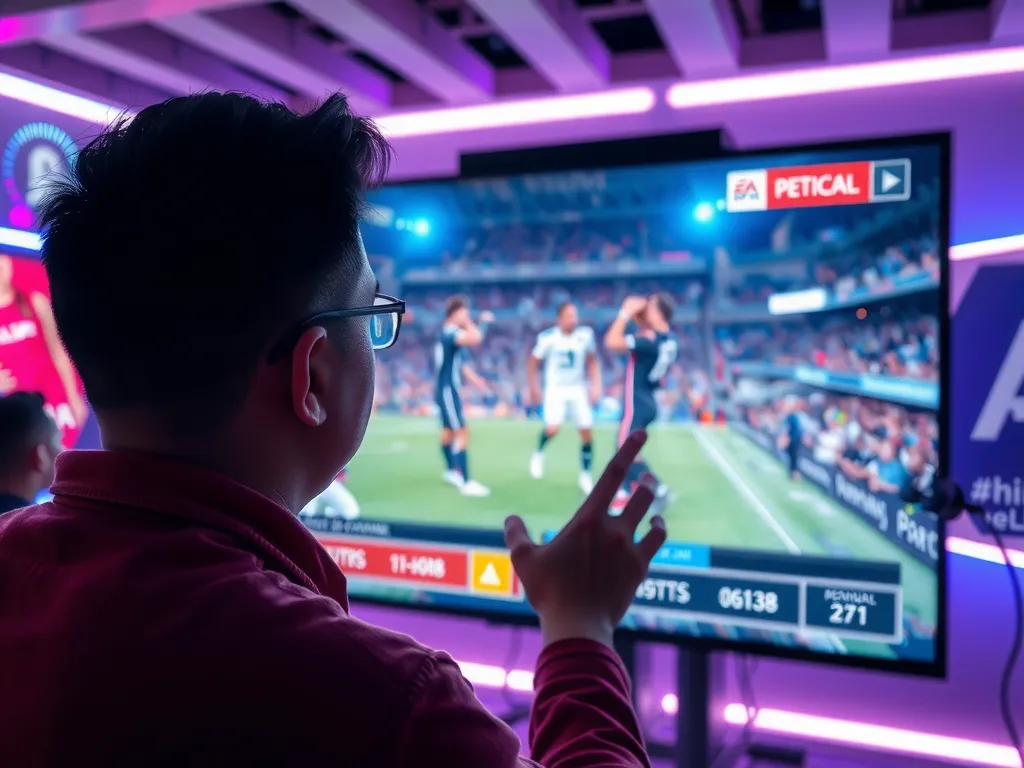 A fan experiencing personalized AI-generated sports highlights on a futuristic screen, engaging and immersive interface, vibrant atmosphere