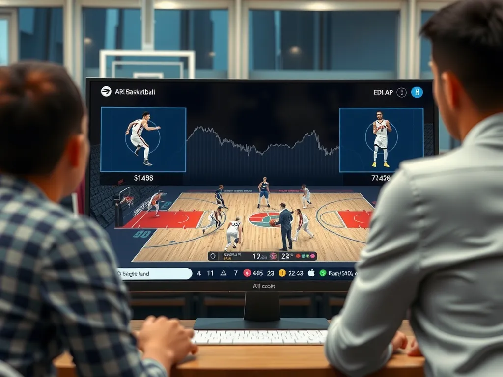 AI-powered computer showing basketball game strategies with statistical data overlays, coaches analyzing plays in a modern setting, detailed