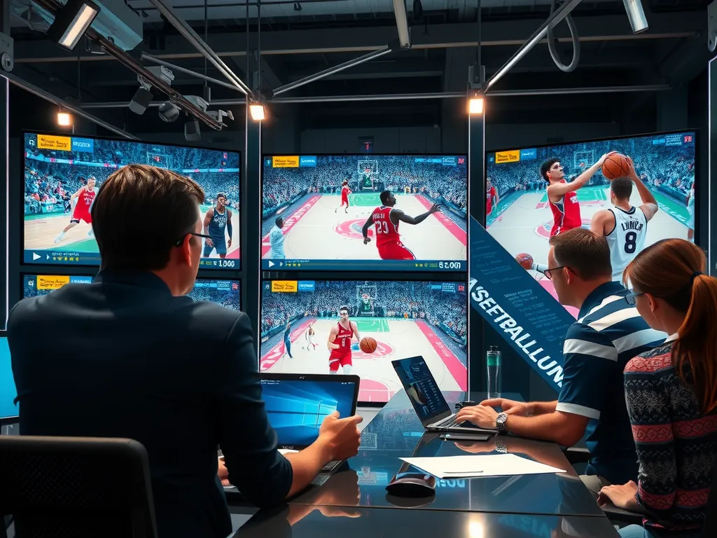 Basketball analysts using advanced AI software to review game footage on large screens, visually futuristic setting