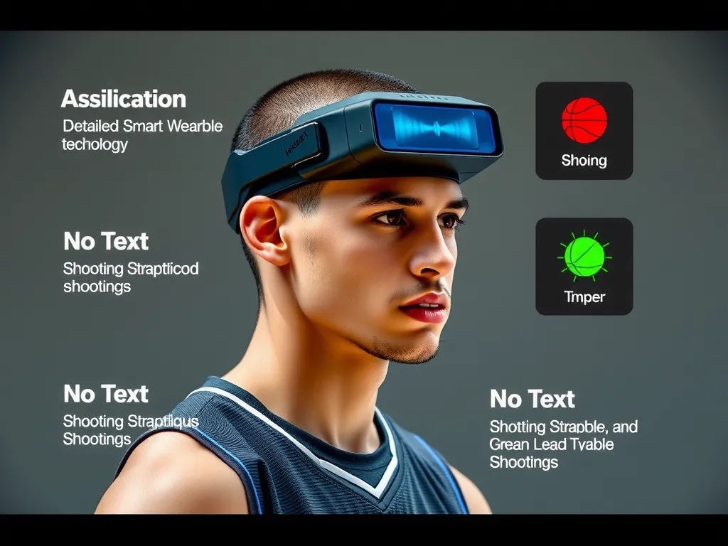 Basketball player wearing smart wearable technology, detailed analysis displayed, showing shooting technique improvements, professional photography style