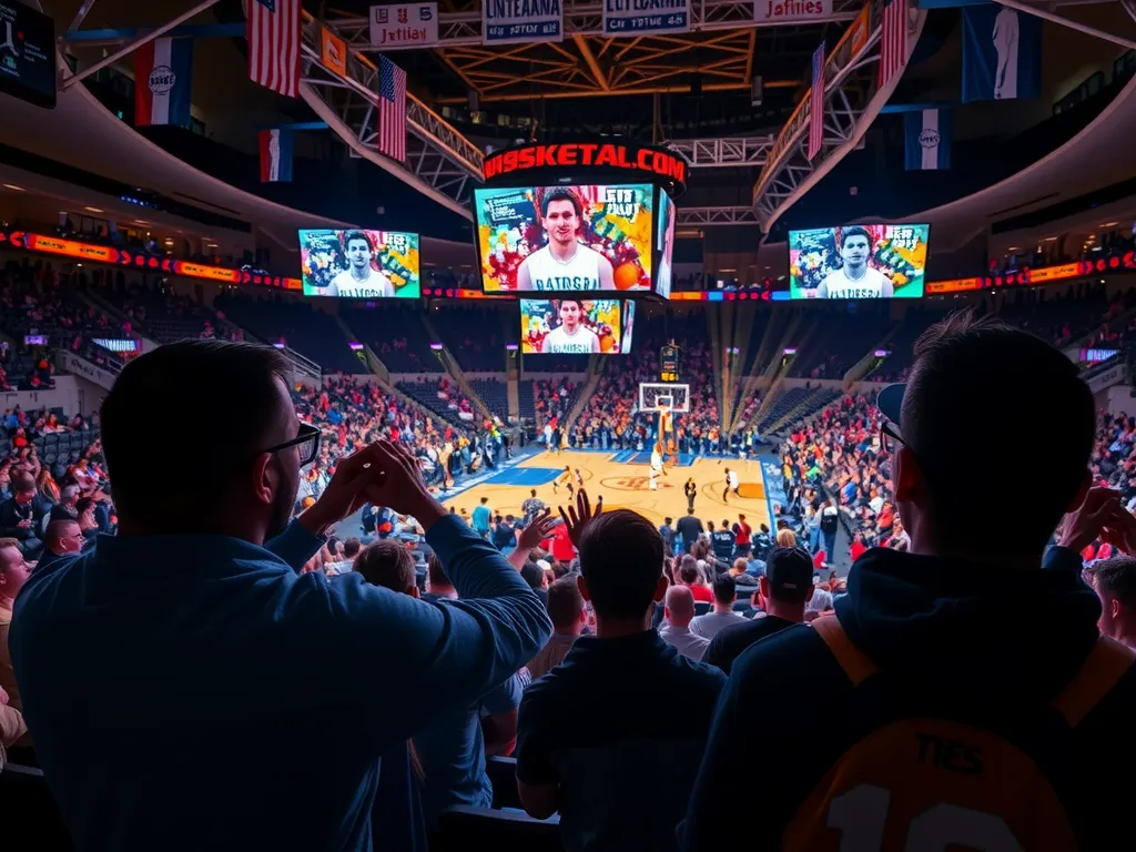 Fans engaging with interactive augmented reality displays in a basketball arena, immersive experience, vibrant atmosphere