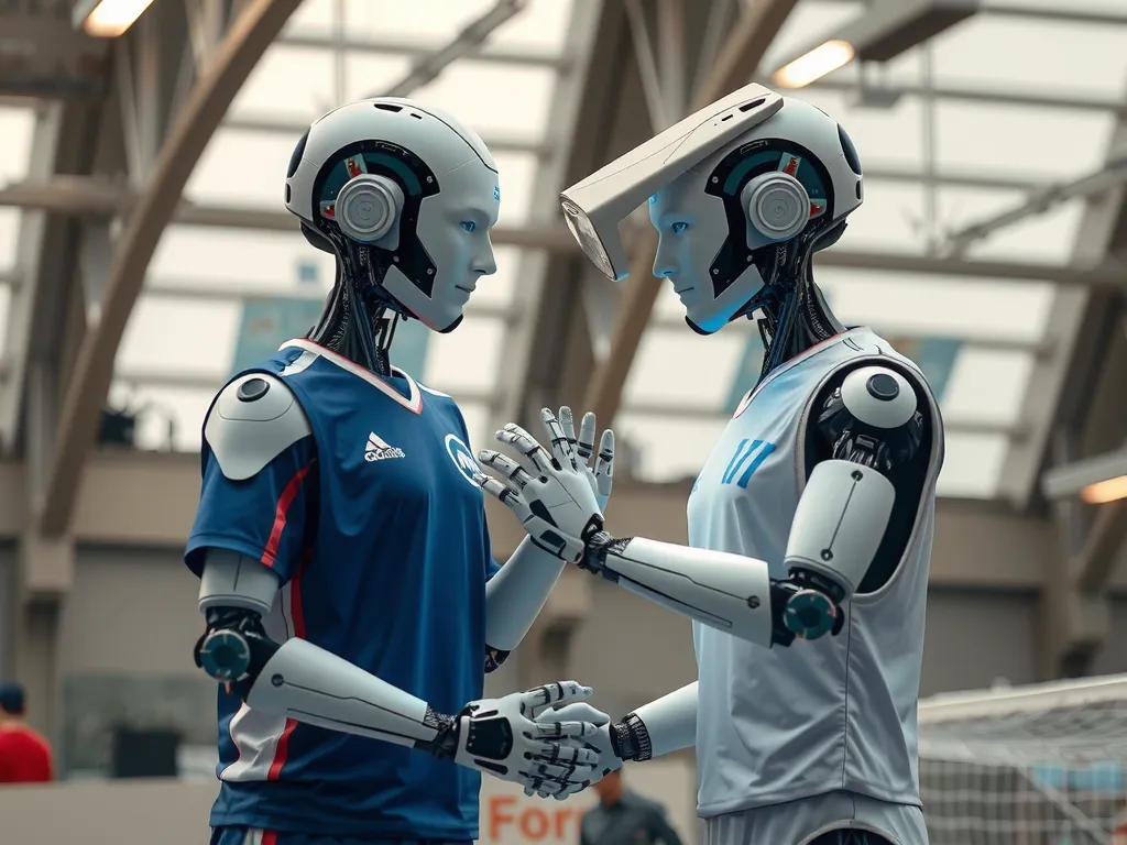 Human and AI interacting in a friendly and ethical setting, data privacy symbols subtly included, promoting harmony between technology and sports