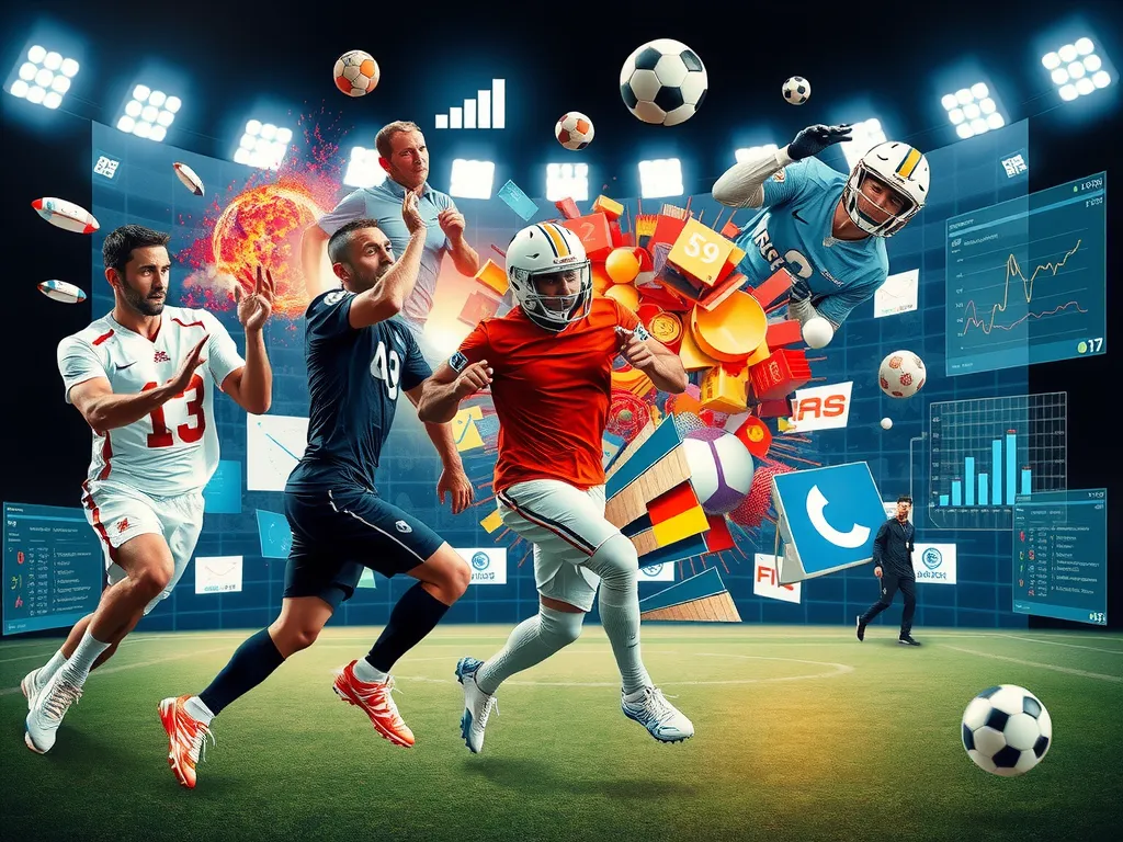 A dynamic collage of sports competition and strategy, showing elements like athletes, sports analysts, data charts, and digital platforms, photorealistic, high quality.