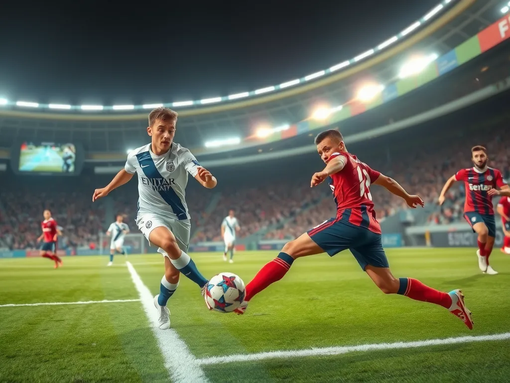 AI in action showcasing real-time sports analytics, fast-paced football match with digital effect overlays, high detail