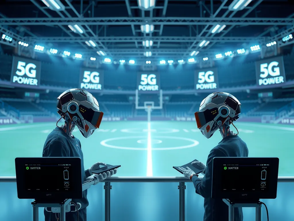 AI-driven sports technology, 5G-powered real-time data transfer, cutting-edge devices, futuristic sports tech setting AI-driven sports technology, 5G-powered real-time data transfer, cutting-edge devices, futuristic sports tech setting