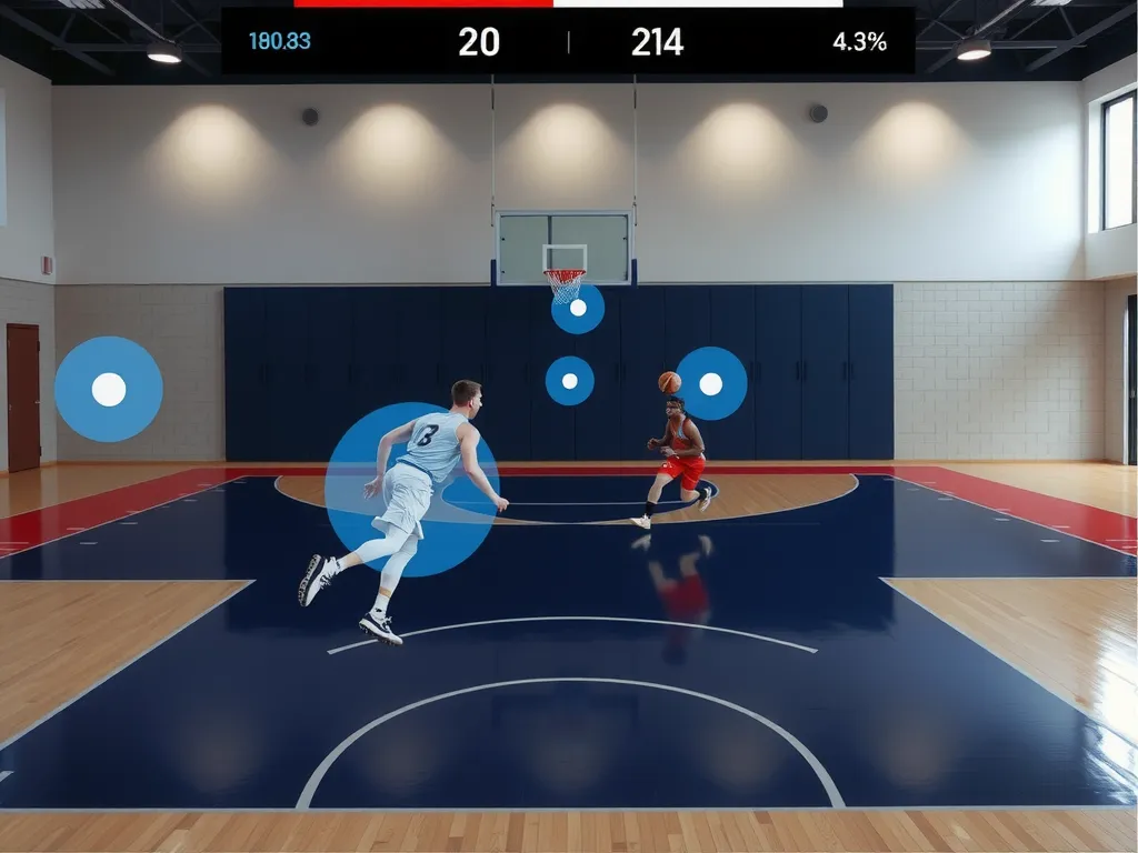 Basketball court with AR enhancements, visible shot trajectories, player data visualized in real-time, dynamic action