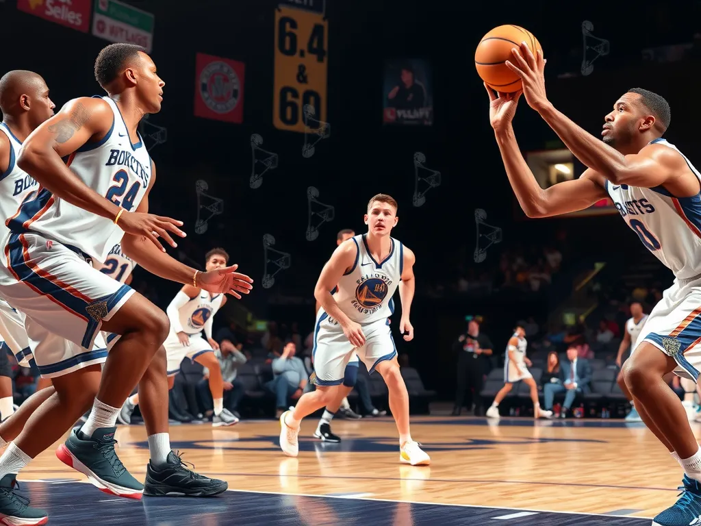 Basketball players in action, with AI-generated strategic overlays, showcasing data-driven in-game decision making