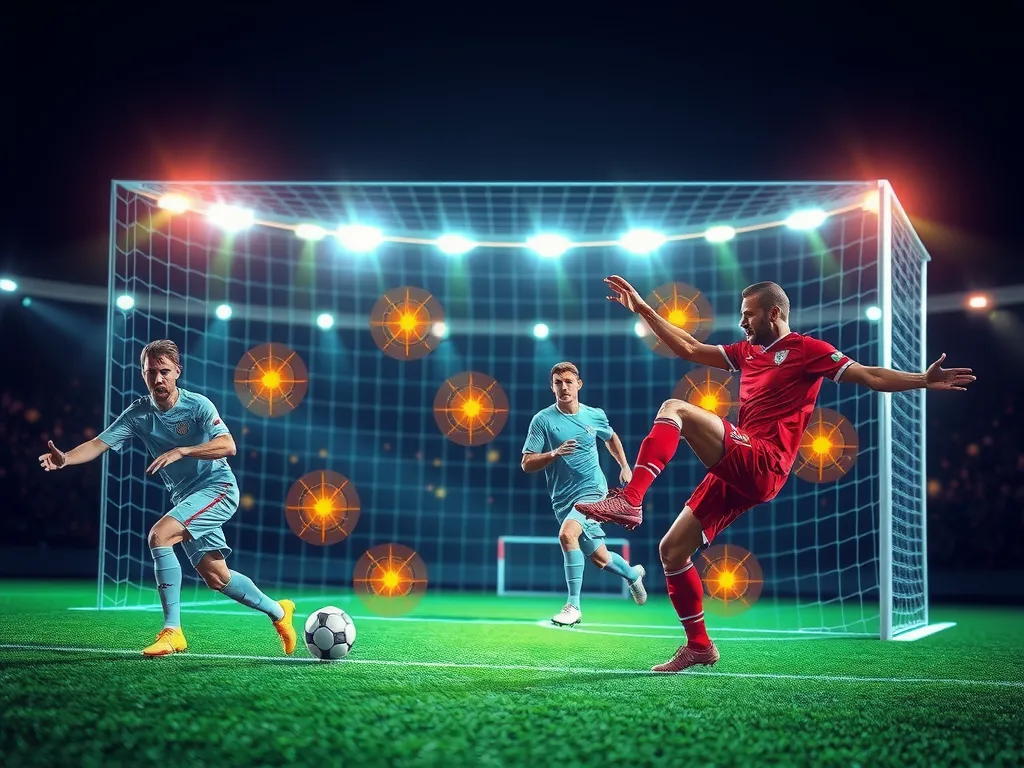 Deep learning AI system analyzing football match, player positions analyzed, vibrant holographic visual, futuristic sports technology