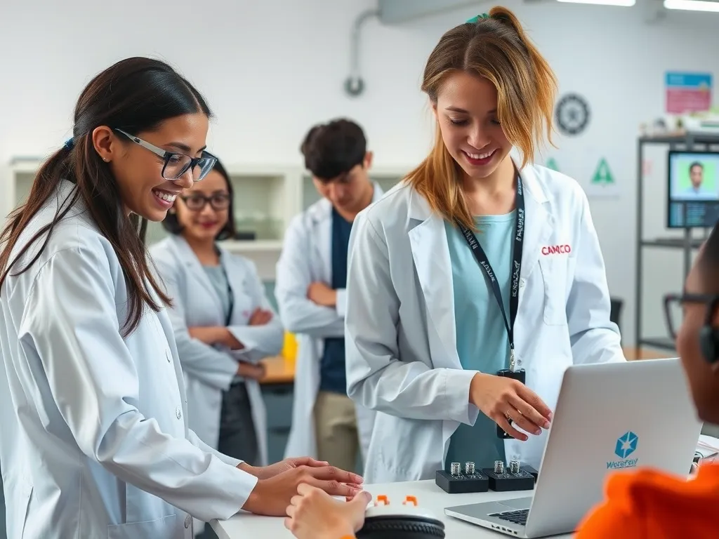 Diverse data scientists and coaches collaborating, analyzing AI-driven player performance models, laboratory setting