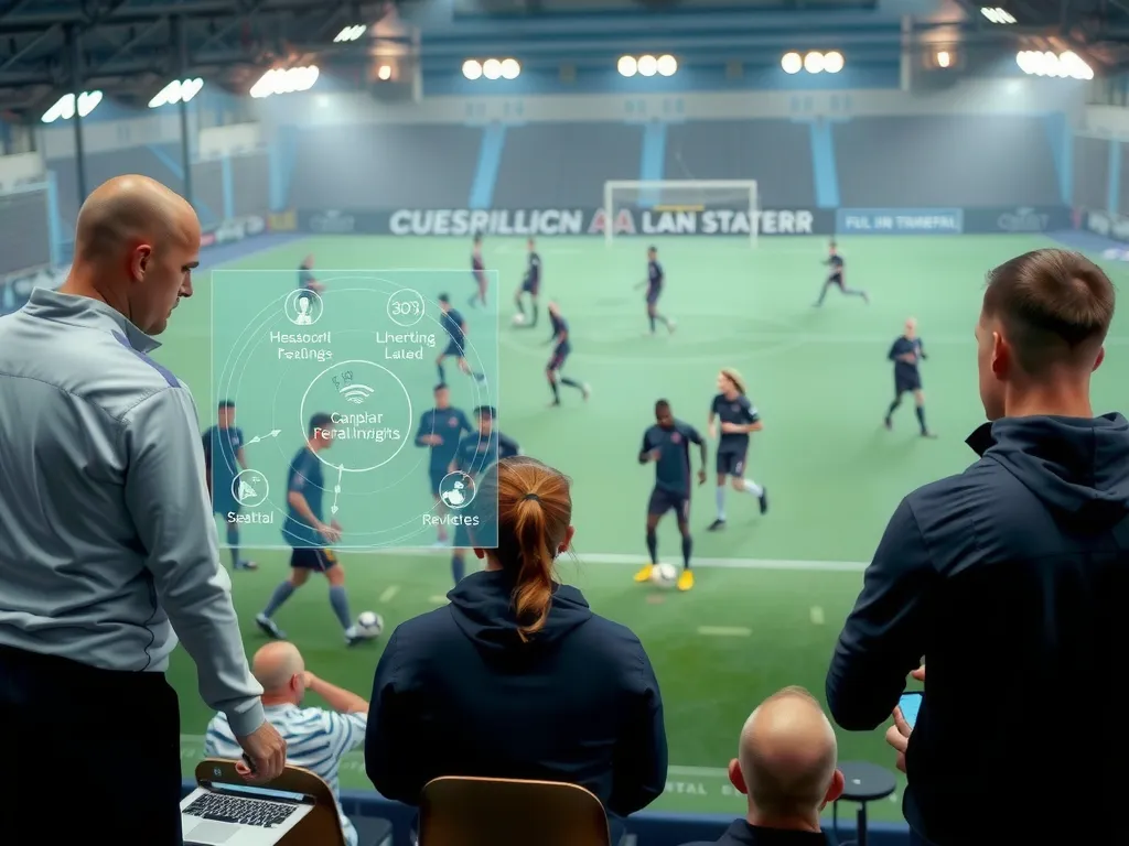Football players during strategy analysis, AI-enhanced visual overlays showing tactical insights, modern training environment