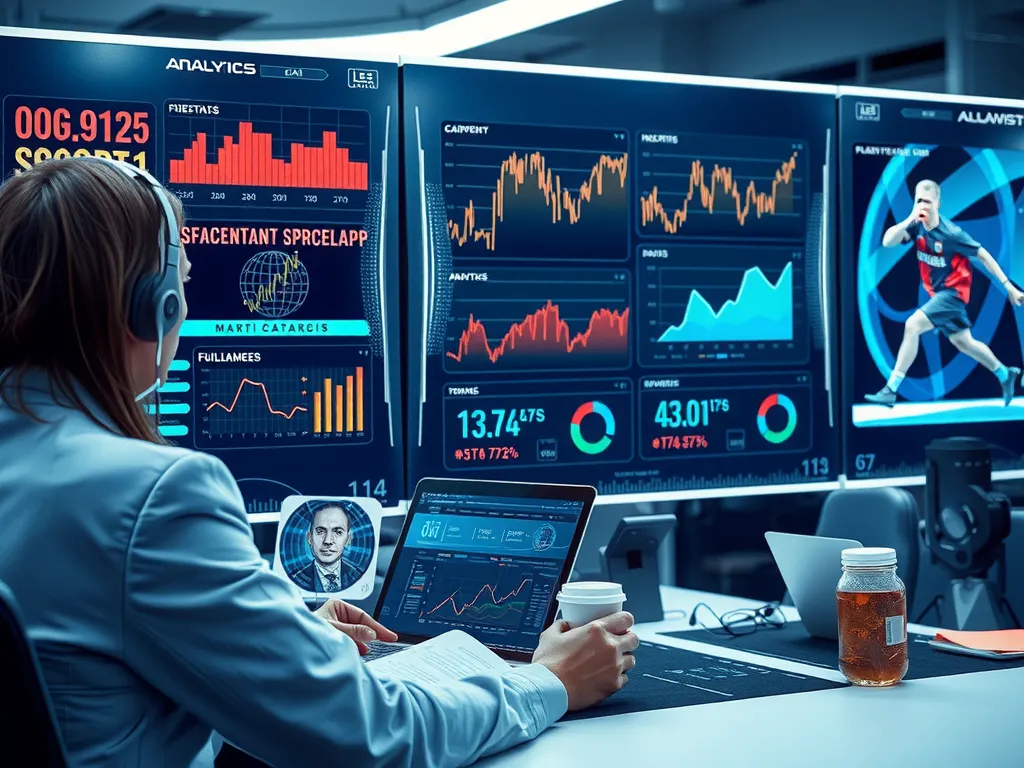 Futuristic sports analytics scene with AI interfaces, coaches analyzing data on screens with players in motion, football and basketball elements, high-tech ambience, professional style, no text