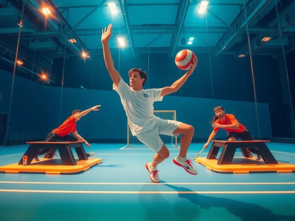 Dynamic scene of AI-driven platforms in sports like handball, squash, and underwater hockey, highlighting digital interaction and data visualization, immersive and modern aesthetics
