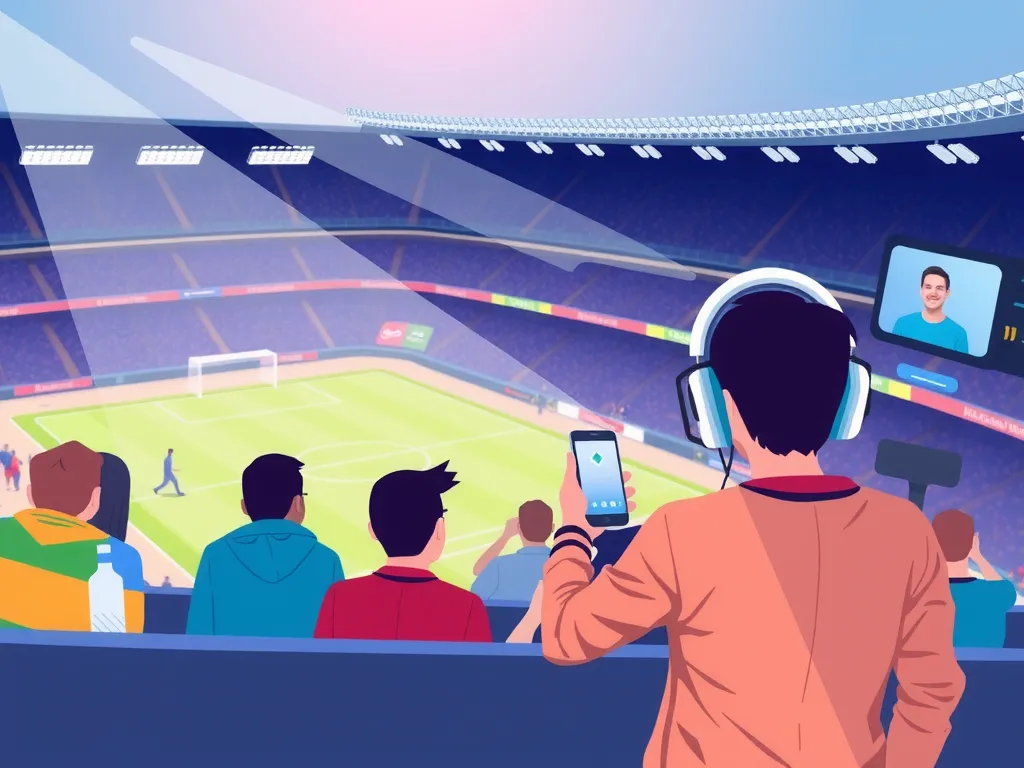 Illustration of AI tools enhancing sports fan experience, with computer-generated visuals of recommendation systems, chatbots, and augmented live streams, futuristic style, digital elements
