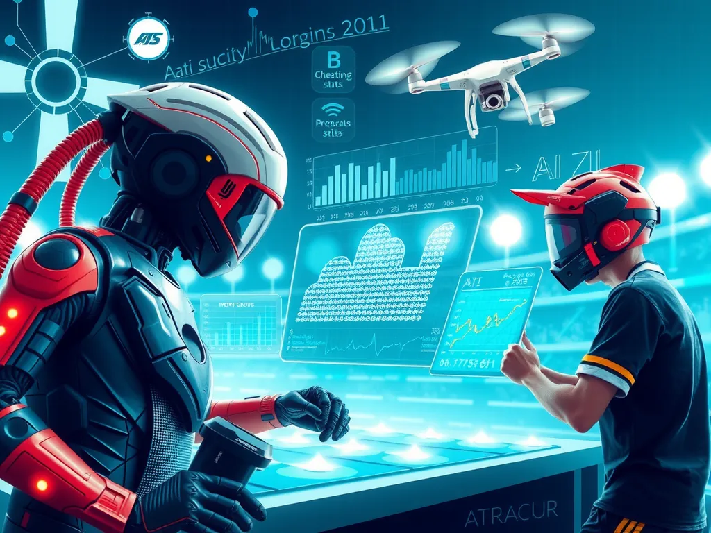 Visual depiction of AI supporting sports like chessboxing and drone racing, integrating real-time stats, biometric analysis, and race predictions, energetic and detailed