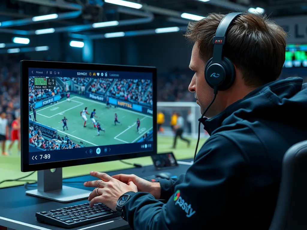 Coach using AI-driven tools to analyze game footage, futuristic interface, digital analysis of player positions and tactics, professional sports environment