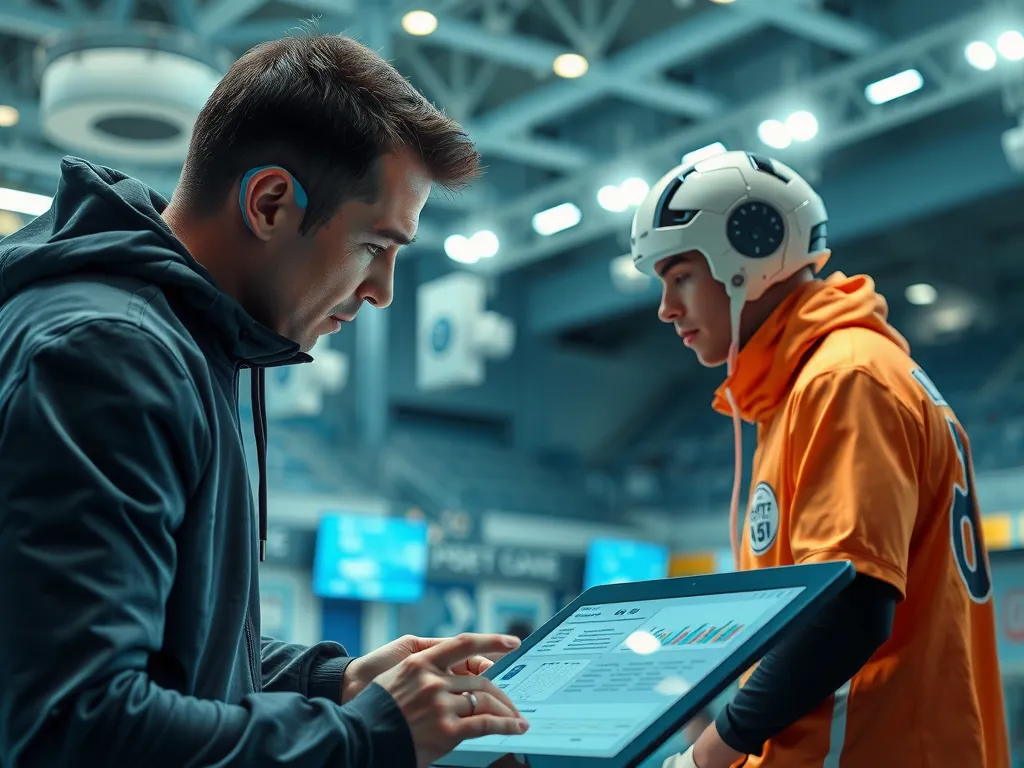 Futuristic sports coaching with artificial intelligence, coaches analyzing player data through advanced AI systems, photorealistic, high quality, dynamic interaction
