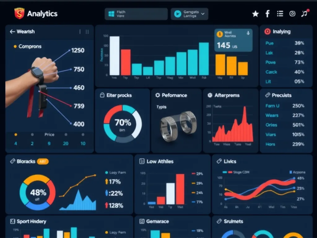 High-tech sports analytics dashboard with wearables and sensors, showing detailed athlete performance metrics, modern digital interface, high quality