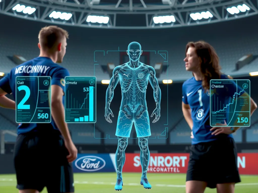 AI technology in soccer with predictive injury analysis, athletes with holographic data displays, focusing on injury prevention, advanced technological setting