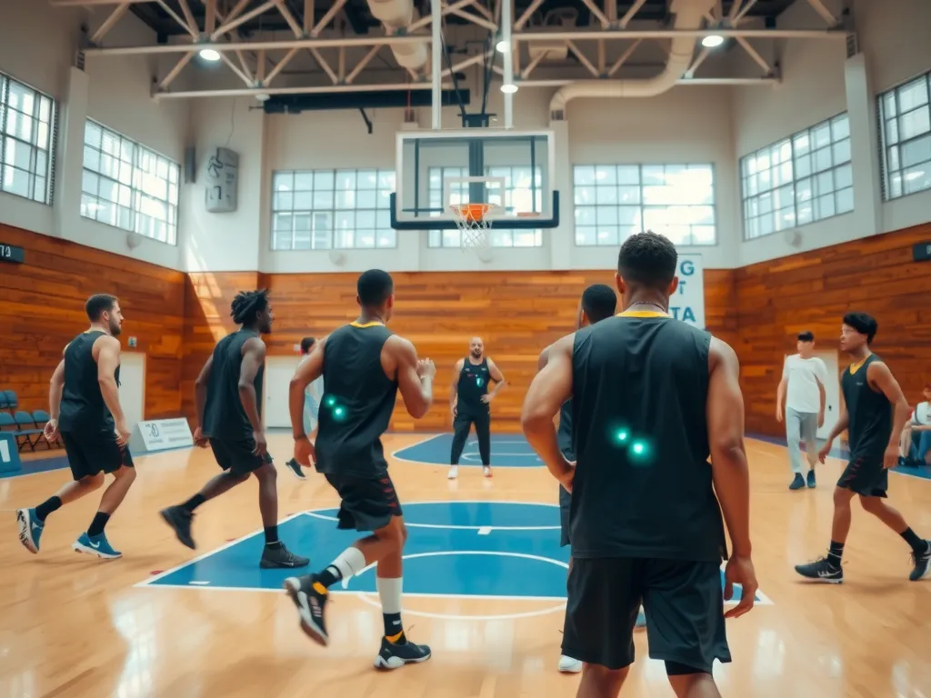 Close-up of a basketball court with players engaged in play, wearable sensors visible, detailed action shots, professional photography style, demonstrating real-time analytics