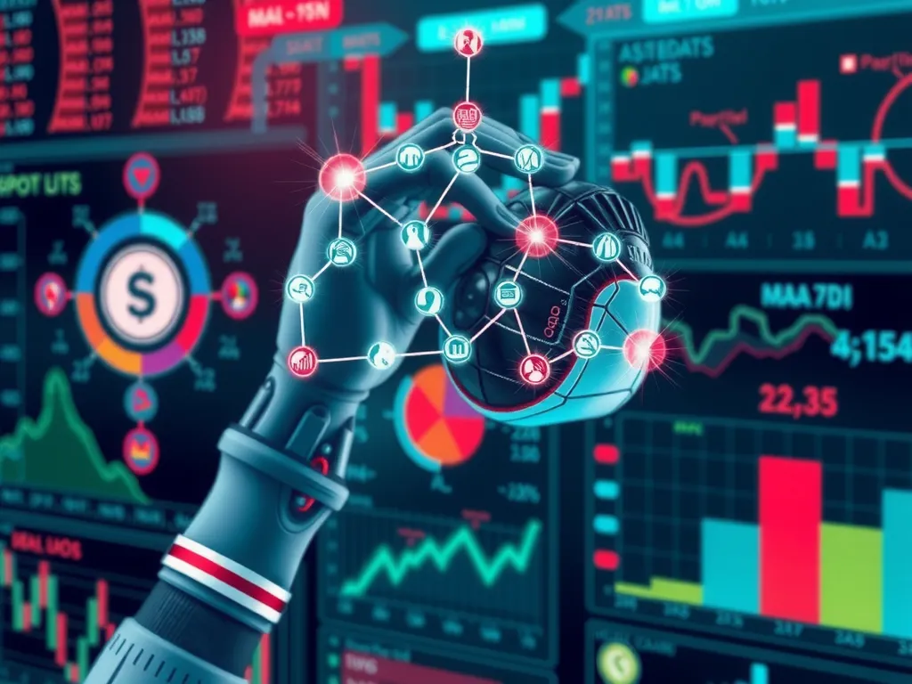 Illustration of AI algorithms processing sports data, showing graphs and player stats in the background, futuristic and detailed, high-quality rendering