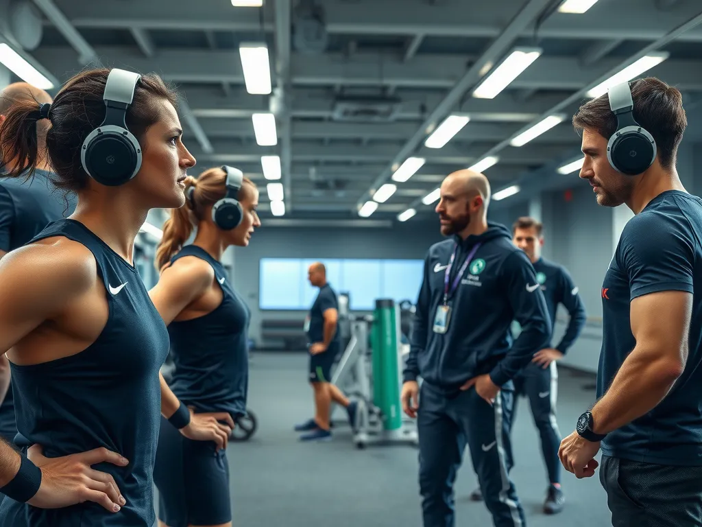 Modern training facility with athletes wearing performance tracking sensors, high-tech equipment and coaching staff actively engaged, dynamic atmosphere, professional lighting