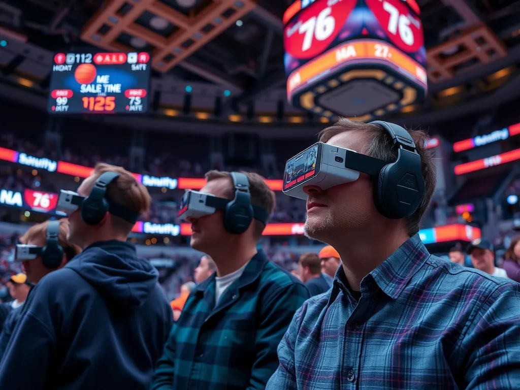 Fans in a basketball arena using augmented reality glasses with interactive overlays, vibrant and engaging environment, displays with real-time stats