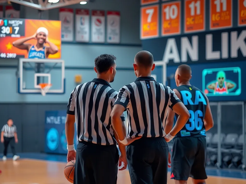 Future of basketball with AI-powered referees and digital twins of players simulating different game scenarios, advanced technology in a dynamic setting