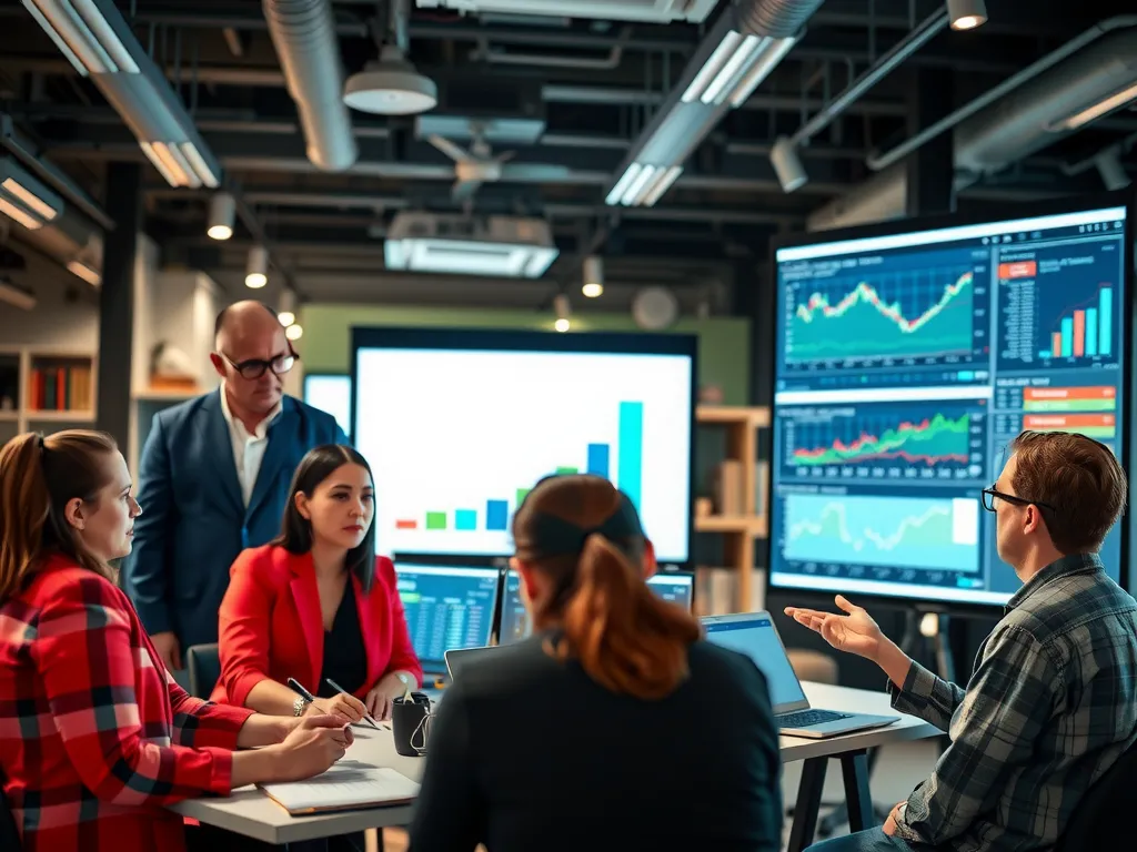 Fast-paced business environment with team analyzing market trends and data for strategic decision making, vibrant and engaged atmosphere.