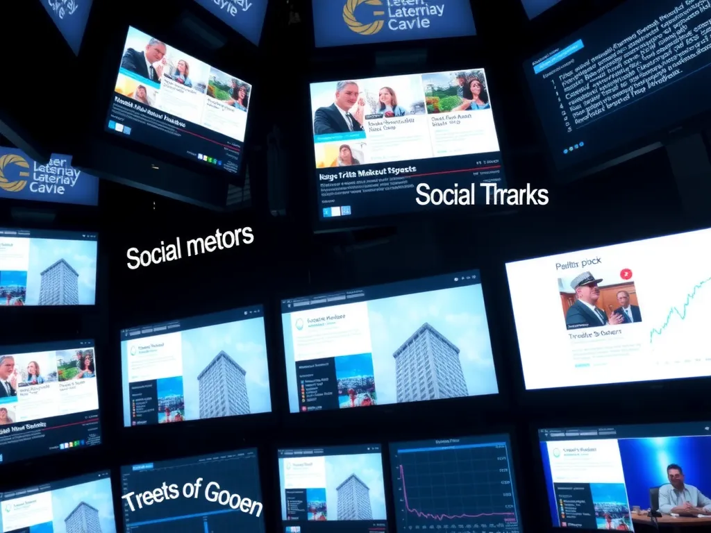 Social media monitoring setup on multiple screens displaying posts and trends, high-tech environment, bright and clear visuals.
