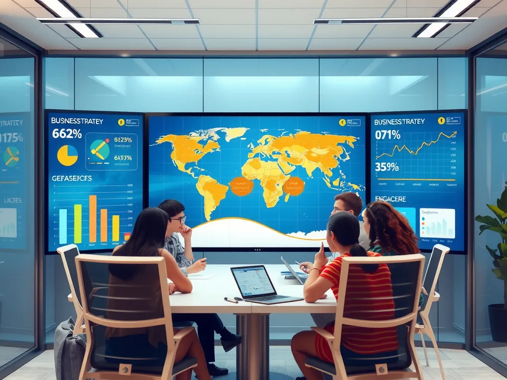 Team collaboratively working on business strategy using large interactive screens, diverse team members, futuristic office setting.