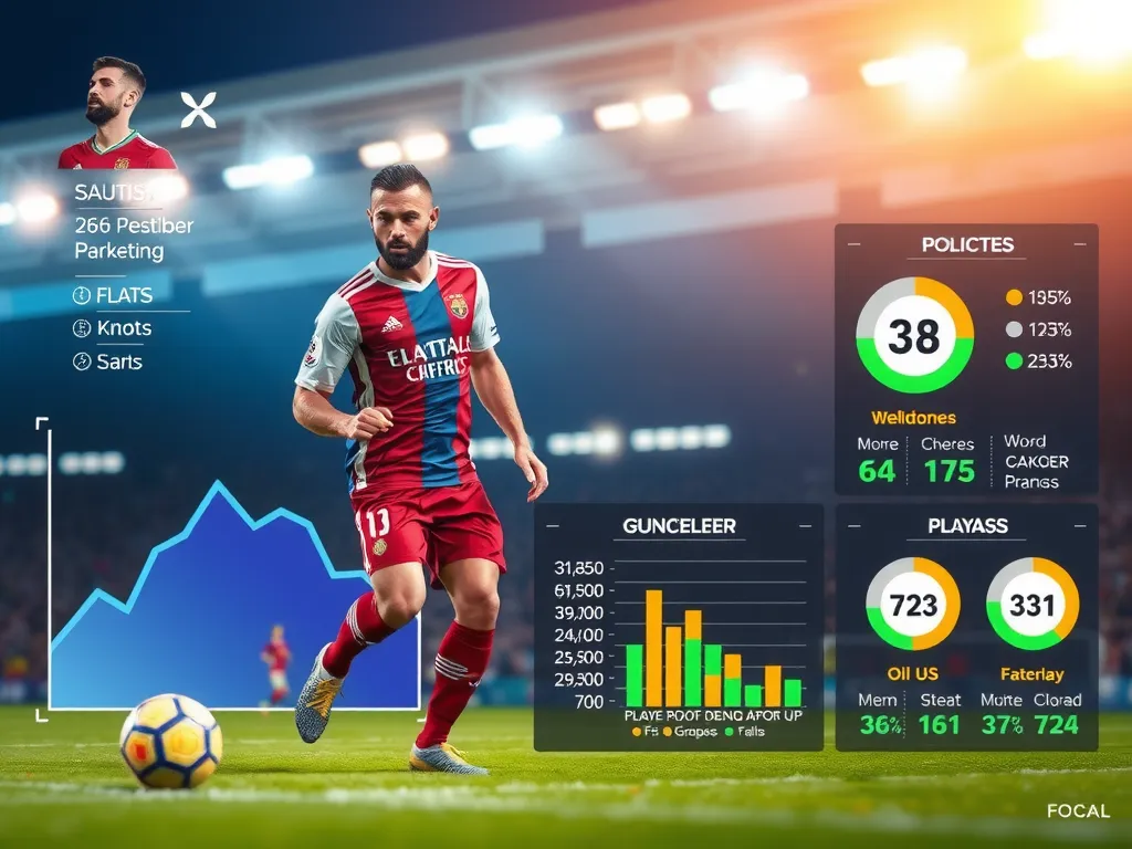 Digital interface with graphs and charts analyzing player performance during a football match, featuring statistics and futuristic graphics, professional photography style