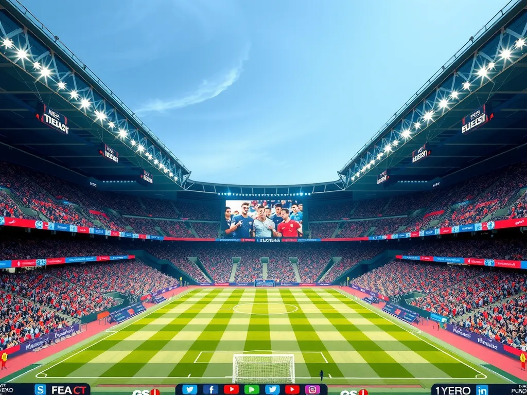 Modern football stadium with digital marketing screens and interactive fan engagement through social media, clean background, vibrant and dynamic