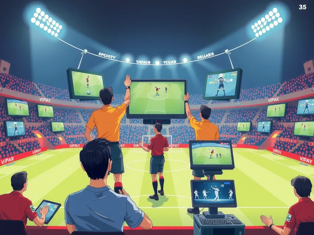 Illustration of VAR technology in a football match setting, showing referees reviewing decisions on screens, scattered screens showing different camera angles, vibrant, detailed