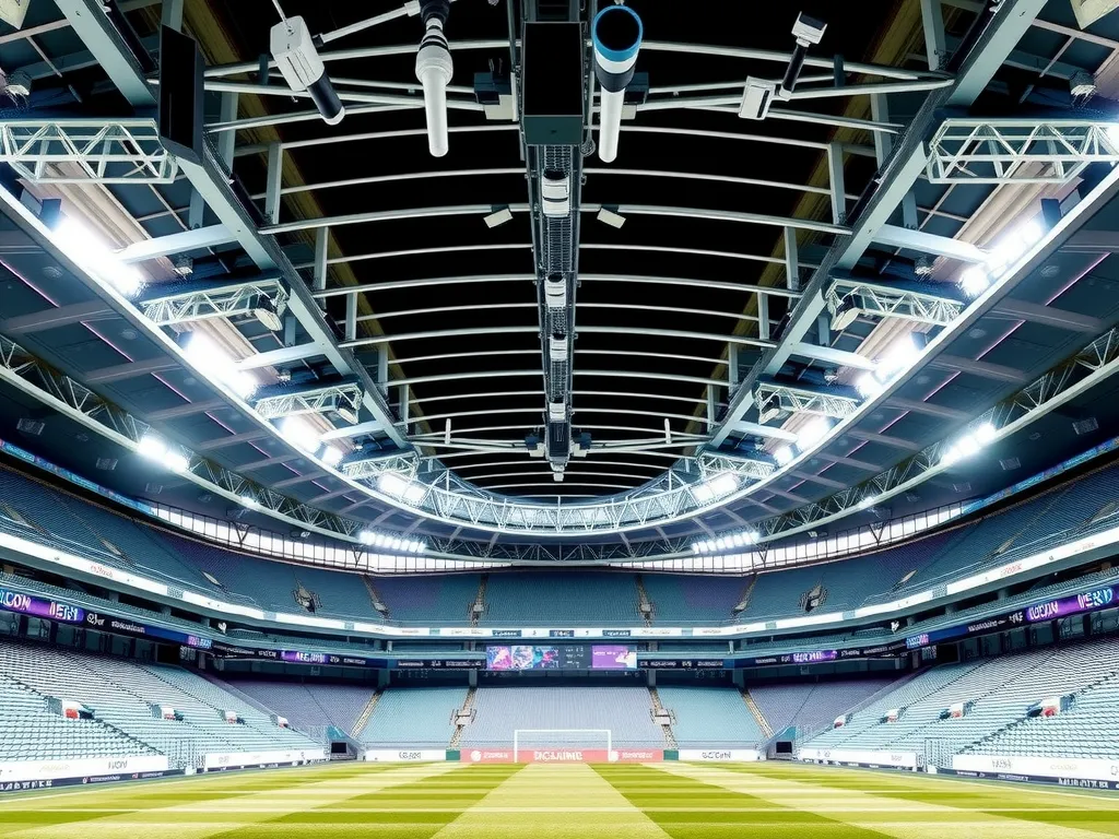 Smart stadium technology with high-tech lighting and ventilation systems, security features, and digital control hubs, minimalist and sleek design