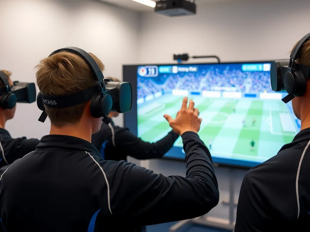 Virtual reality headsets used by football referees in a training session, showing a simulated match environment, immersive and realistic