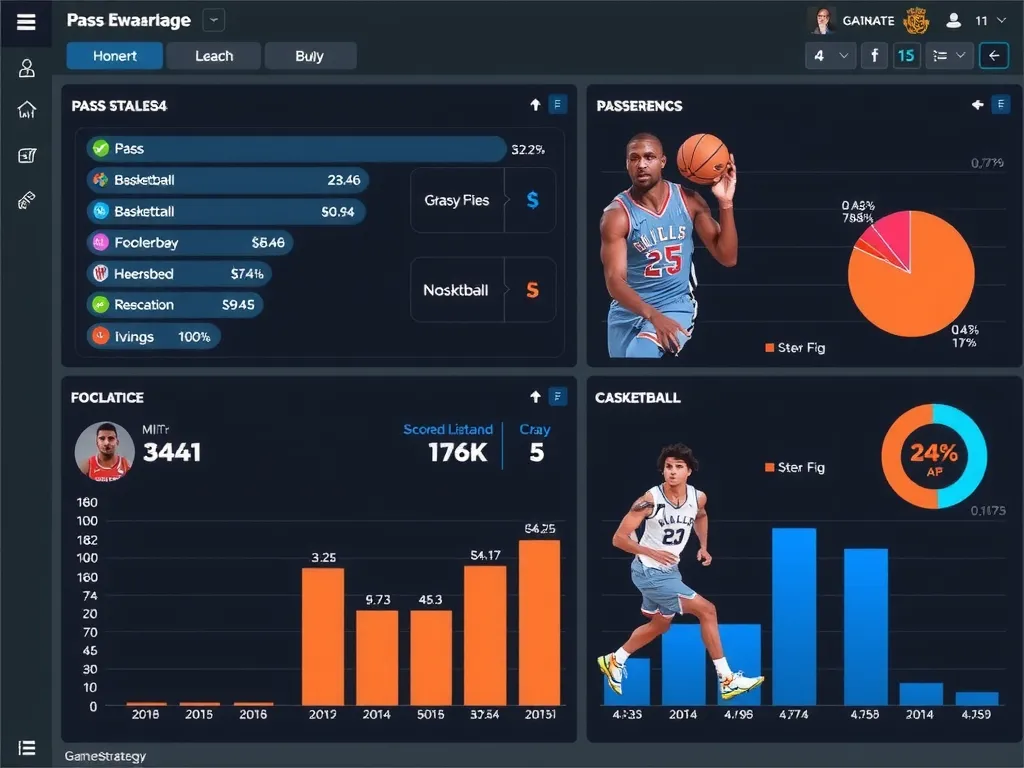 Detailed analytics dashboard displaying football and basketball player performance metrics, such as pass effectiveness and scoring likelihood, shown in a game strategy setting