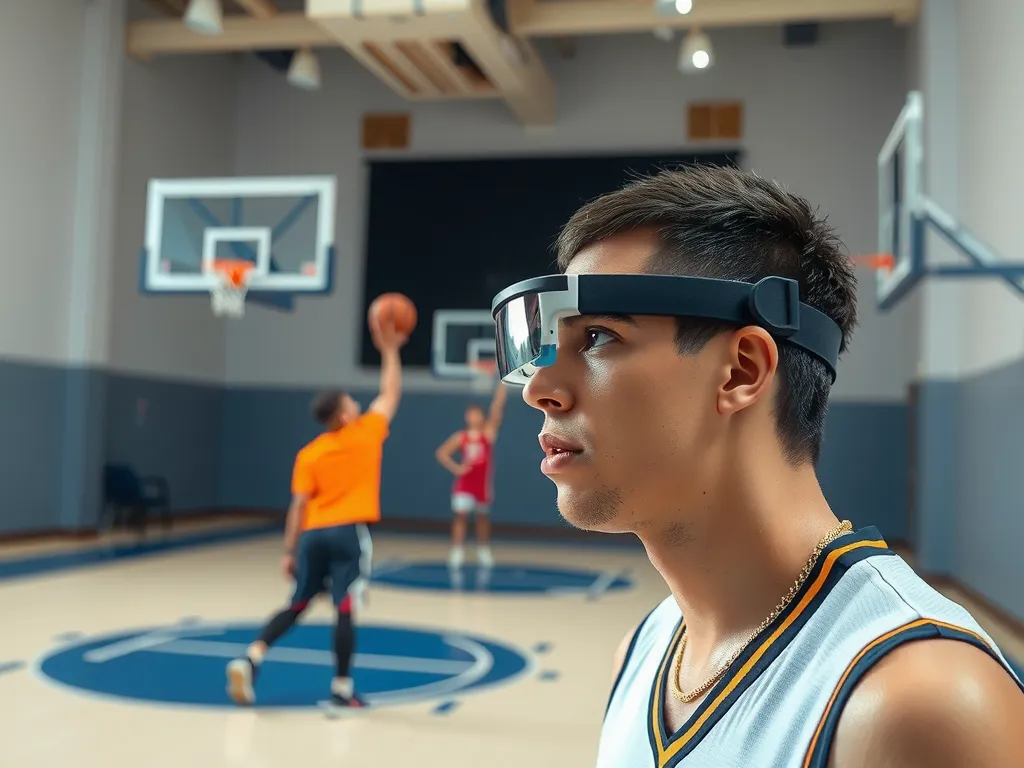 Innovative use of augmented reality and smart glasses in sports training, focusing on a basketball point guard rehearsing critical game moments differently