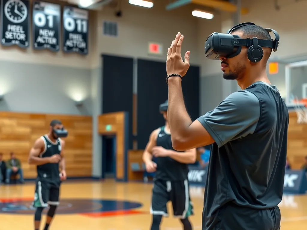 Basketball players using advanced shooting analyzers and virtual reality headsets during training, professional sports setting, focused on technology integration